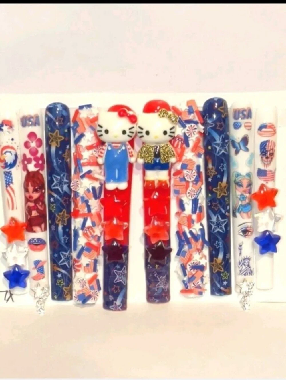 Hand CRAFTED 6XL Patriotic Red, White & Blue Press-On Nails - Star & Flag